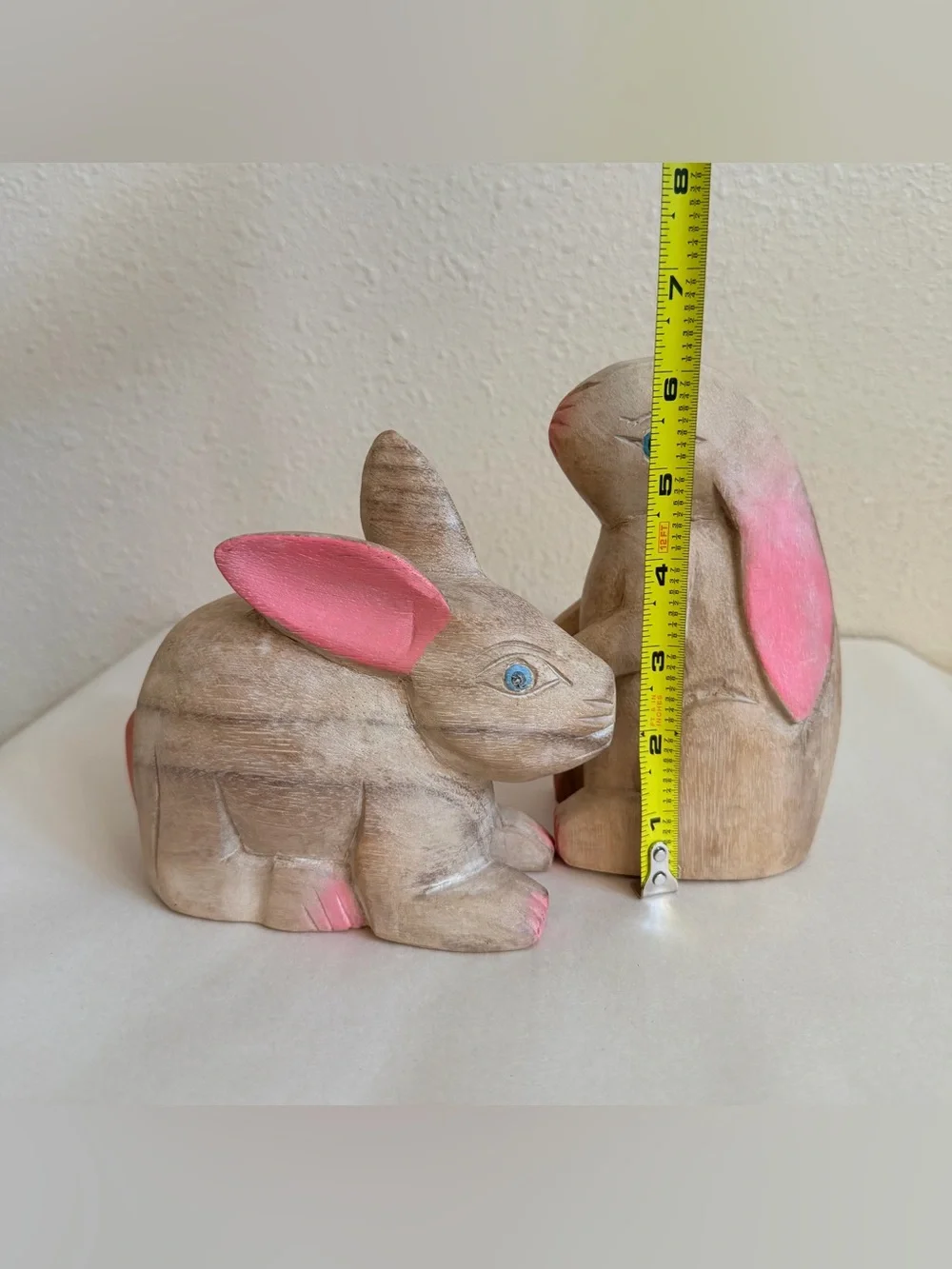 Vintage Thai Wooden Rabbit Hare Figurines Pair Hand Carved Painted 1980s 1990s